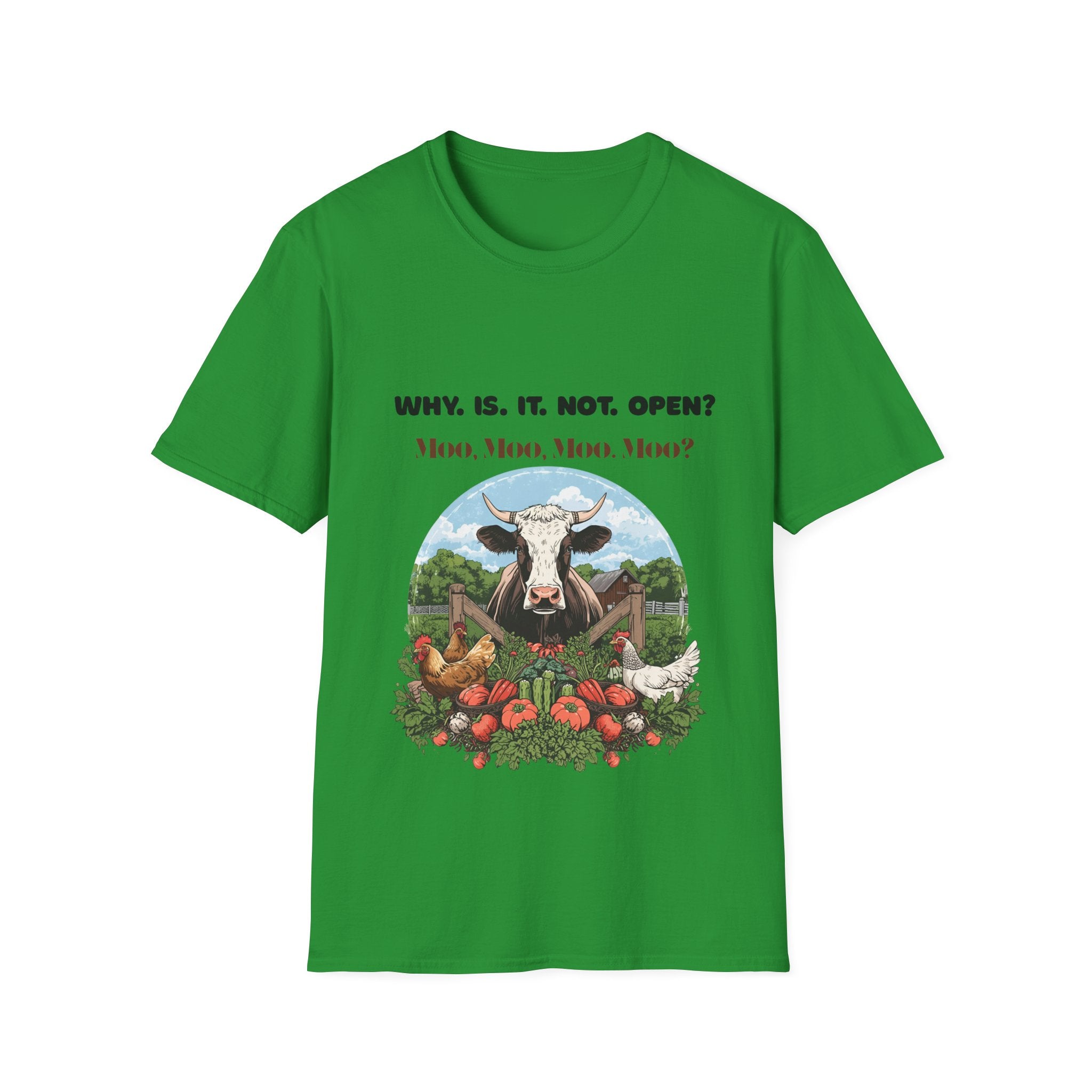Why Is It Not Open? Cow Graphic T-Shirt — Funny Farm Animal Tee