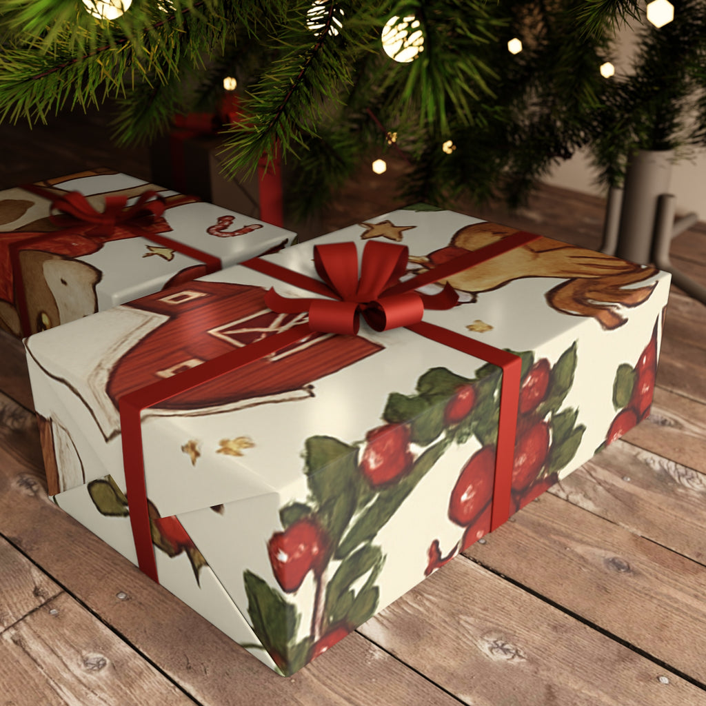 Farmhouse Christmas Wrapping Paper Sheet — Cute Cow, Rooster & Barn Holiday Gift Wrap