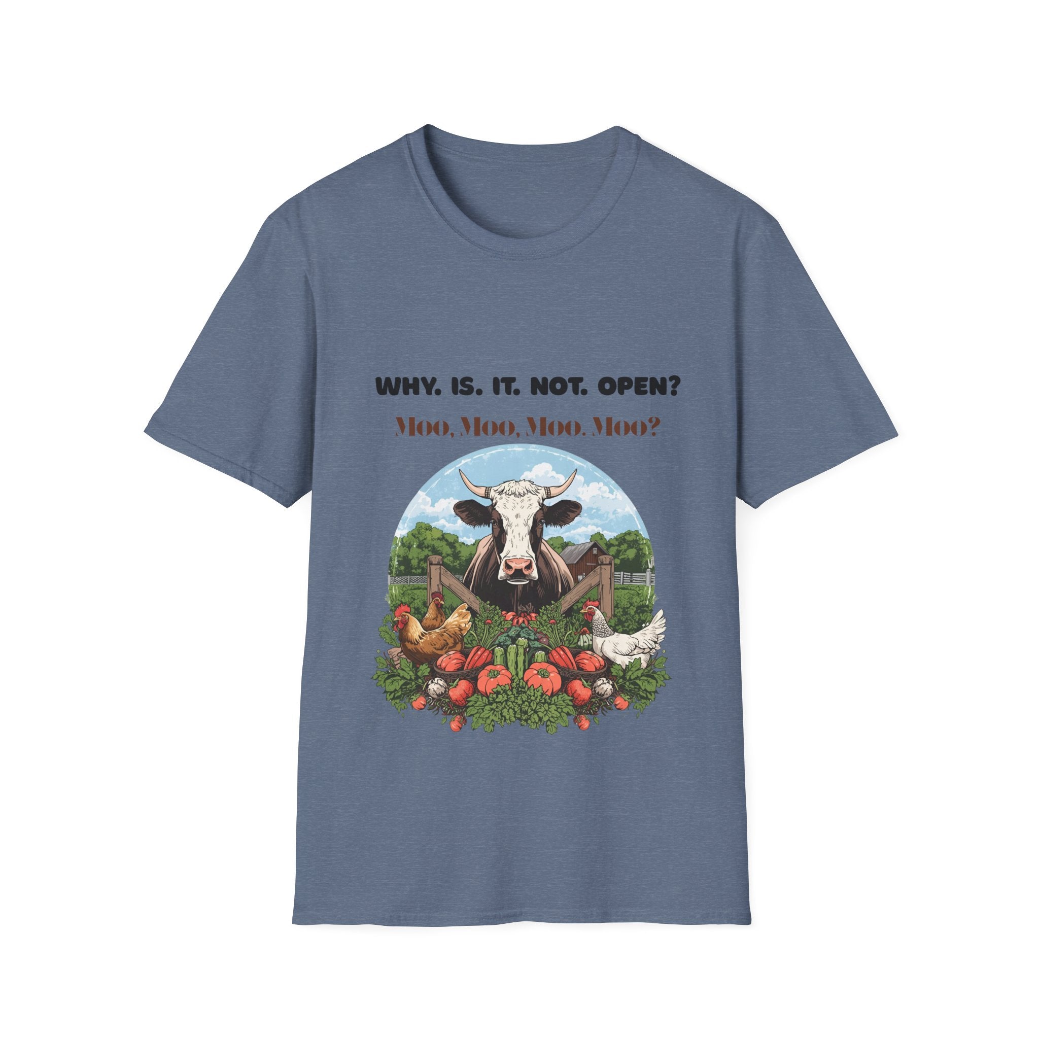 Why Is It Not Open? Cow Graphic T-Shirt — Funny Farm Animal Tee