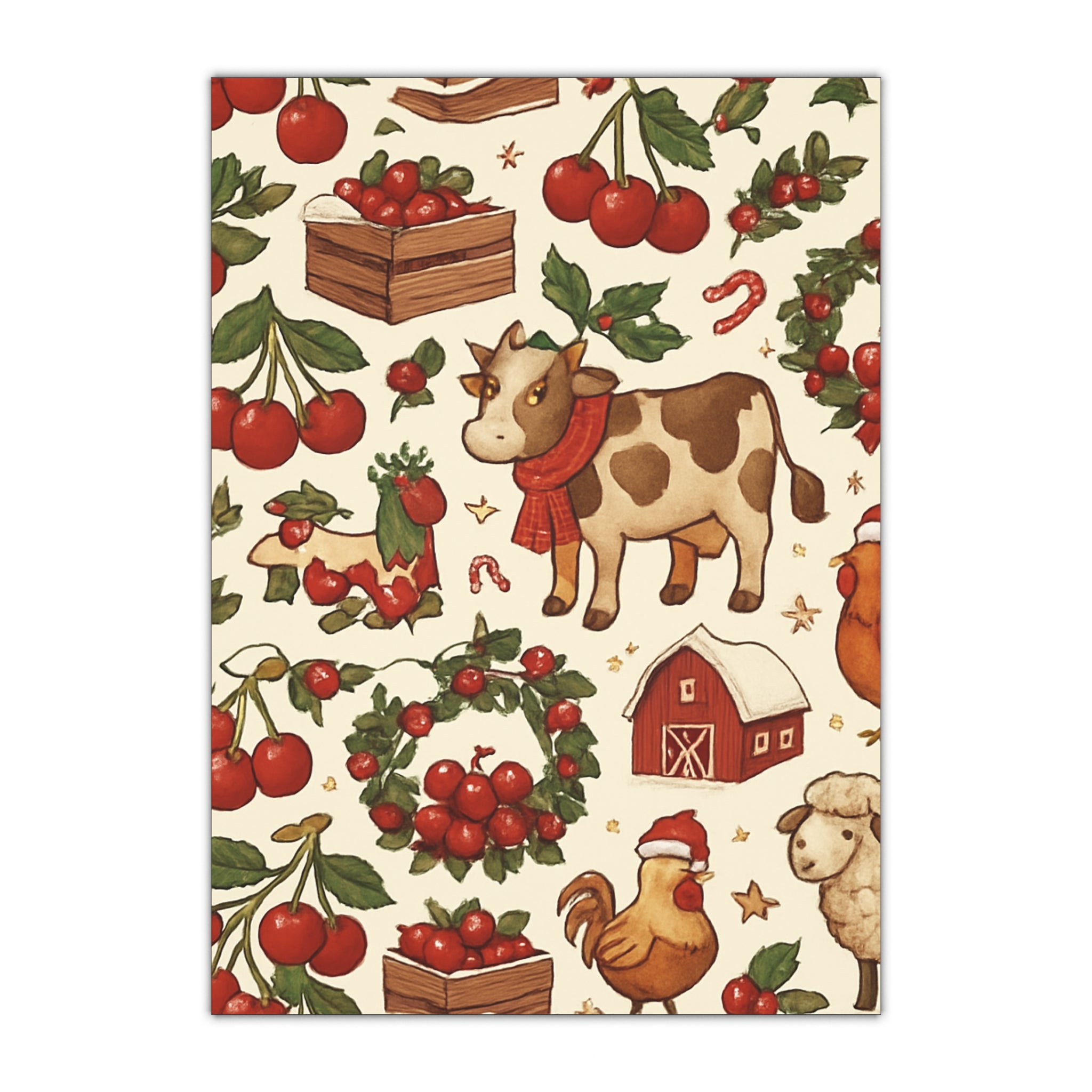 Farmhouse Christmas Wrapping Paper Sheet — Cute Cow, Rooster & Barn Holiday Gift Wrap