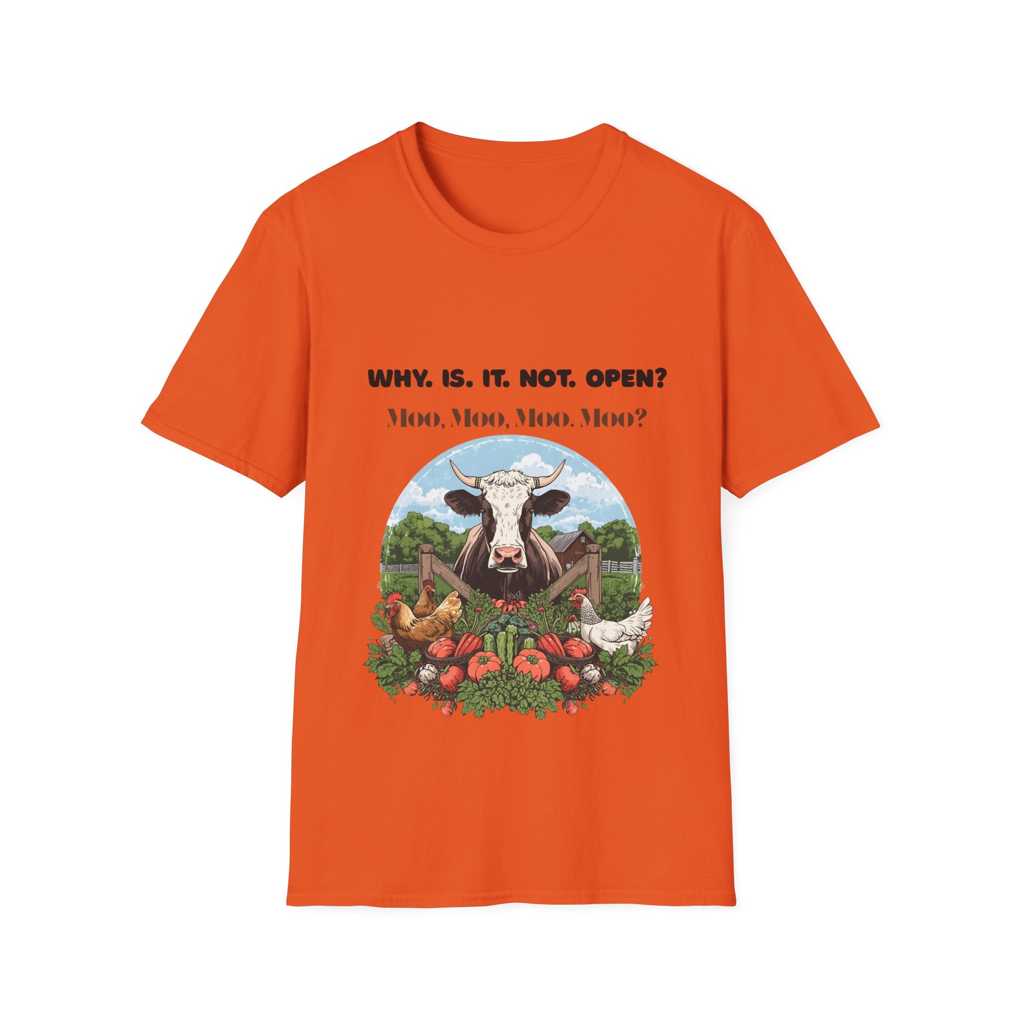 Why Is It Not Open? Cow Graphic T-Shirt — Funny Farm Animal Tee
