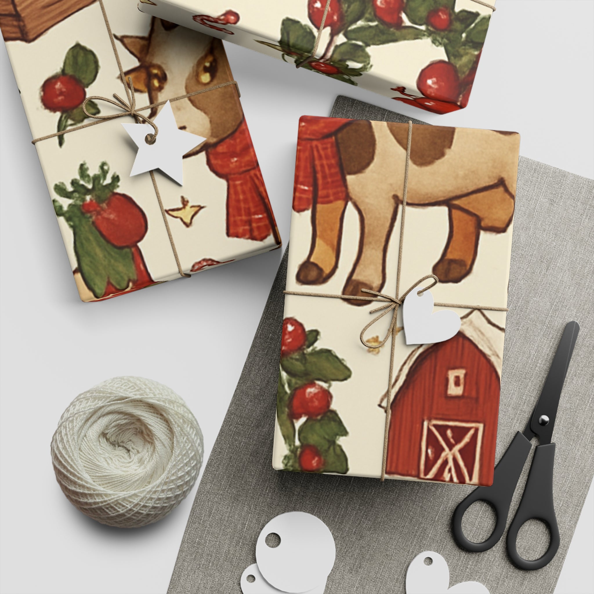 Farmhouse Christmas Wrapping Paper Sheet — Cute Cow, Rooster & Barn Holiday Gift Wrap
