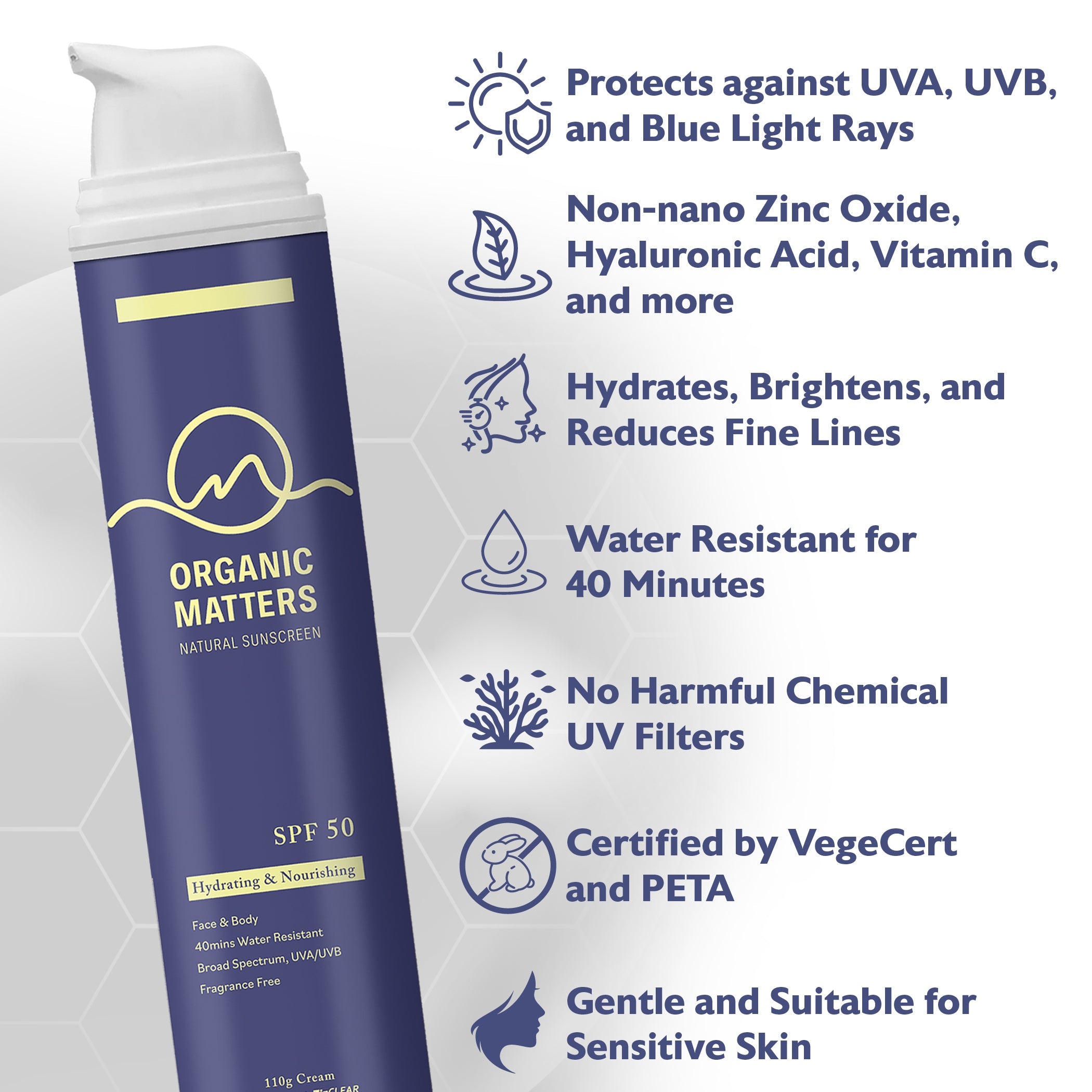 Organic Matters Mineral SPF50 with Hyaluronic Acid + Vitamin C - 100g